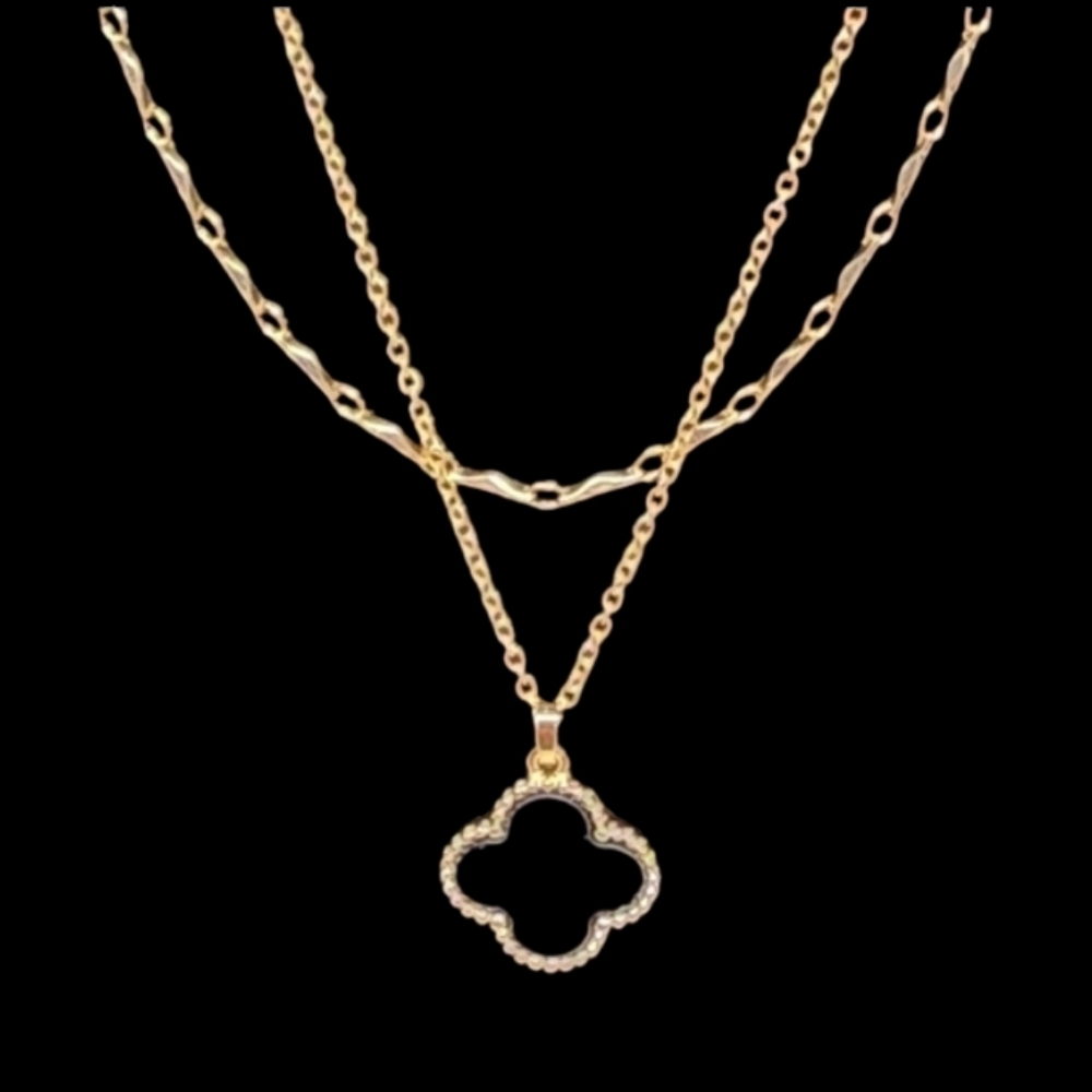 Gold Double Chain Necklace with Black Clover Pendant